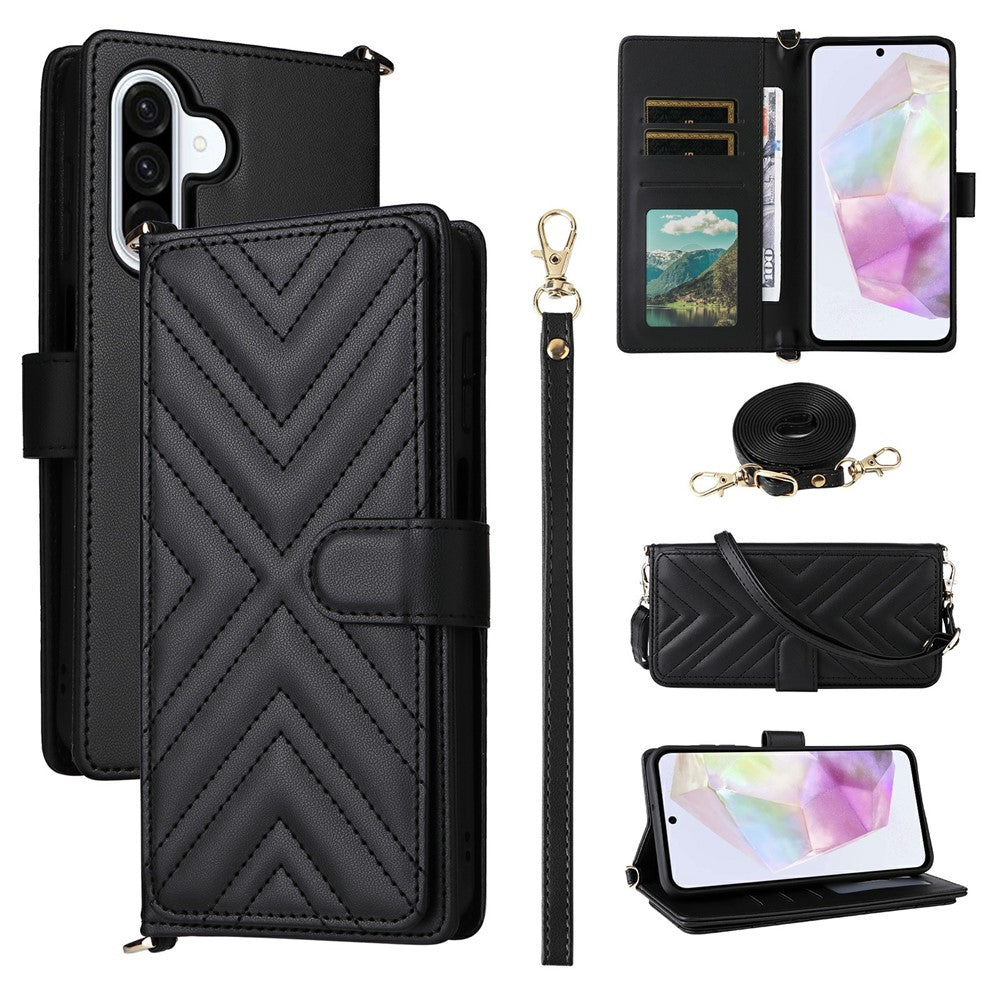 Samsung Galaxy A18 5G / A18 4G / A17 5G / A17 4G-cover med skulder-/håndledsrem, lædercover med stativ og pung