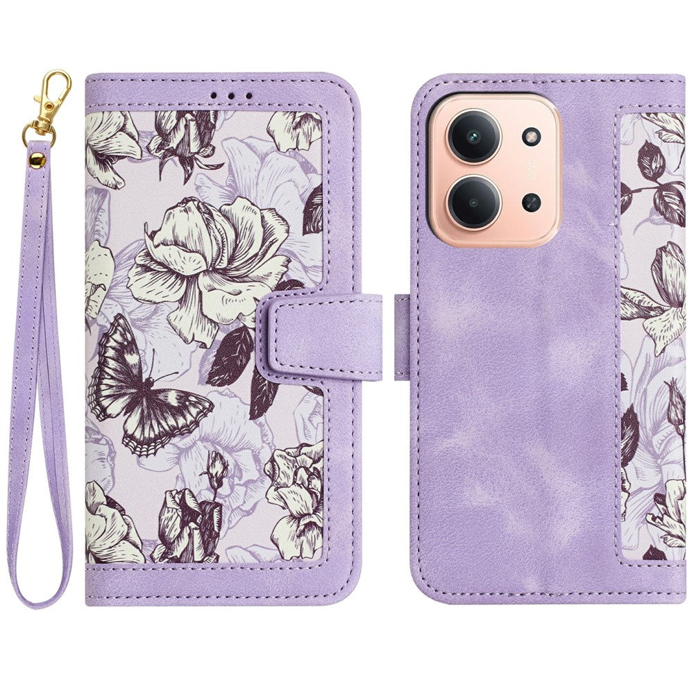 PU-læderetui til Xiaomi Redmi 15C 4G (Global) (171mm) / Poco C85 4G (171mm) med blomstermønster og kortpladser