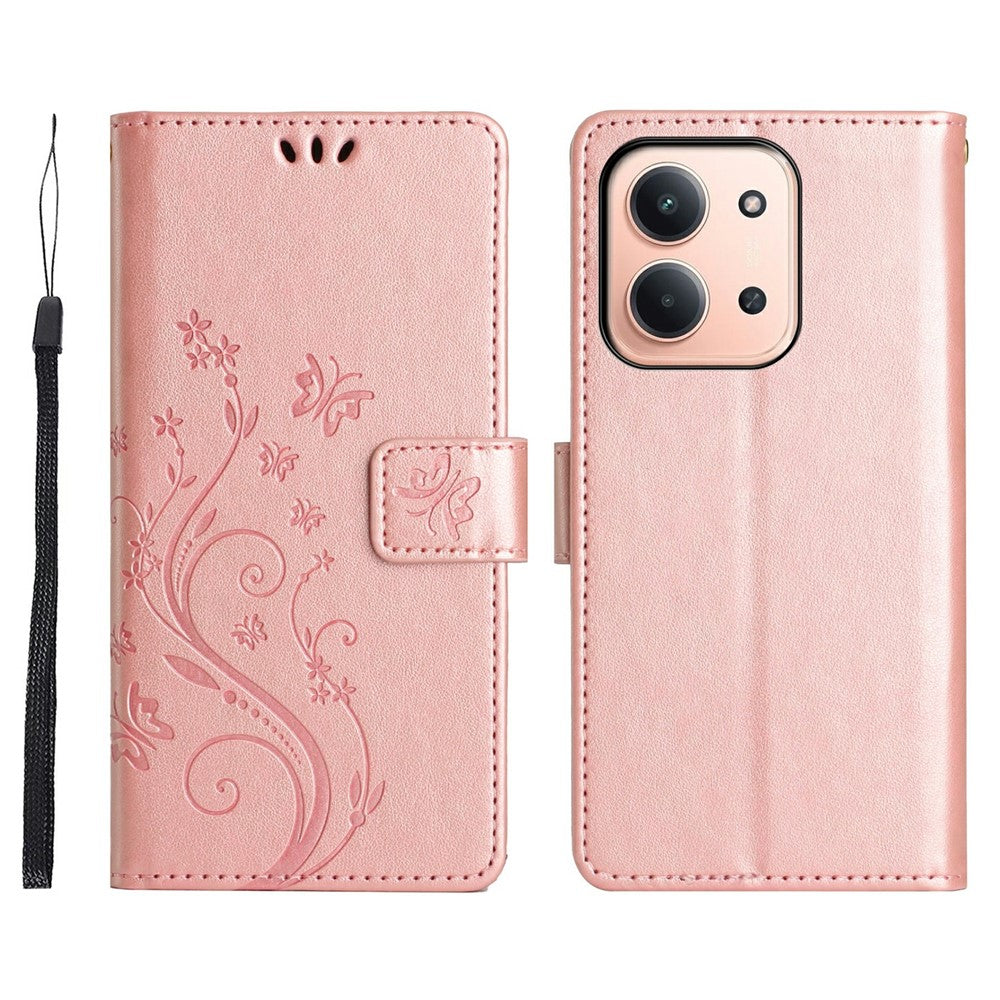 Xiaomi Redmi 15C 4G (Global) (171mm) / Poco C85 4G (171mm) Läderfodral med fjärilsblommatryck och rem