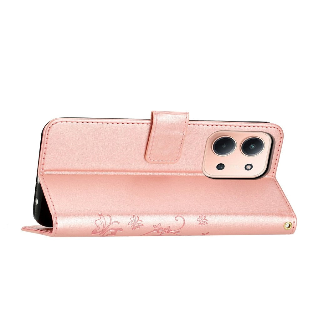 Xiaomi Redmi 15C 4G (Global) (171mm) / Poco C85 4G (171mm) Läderfodral med fjärilsblommatryck och rem