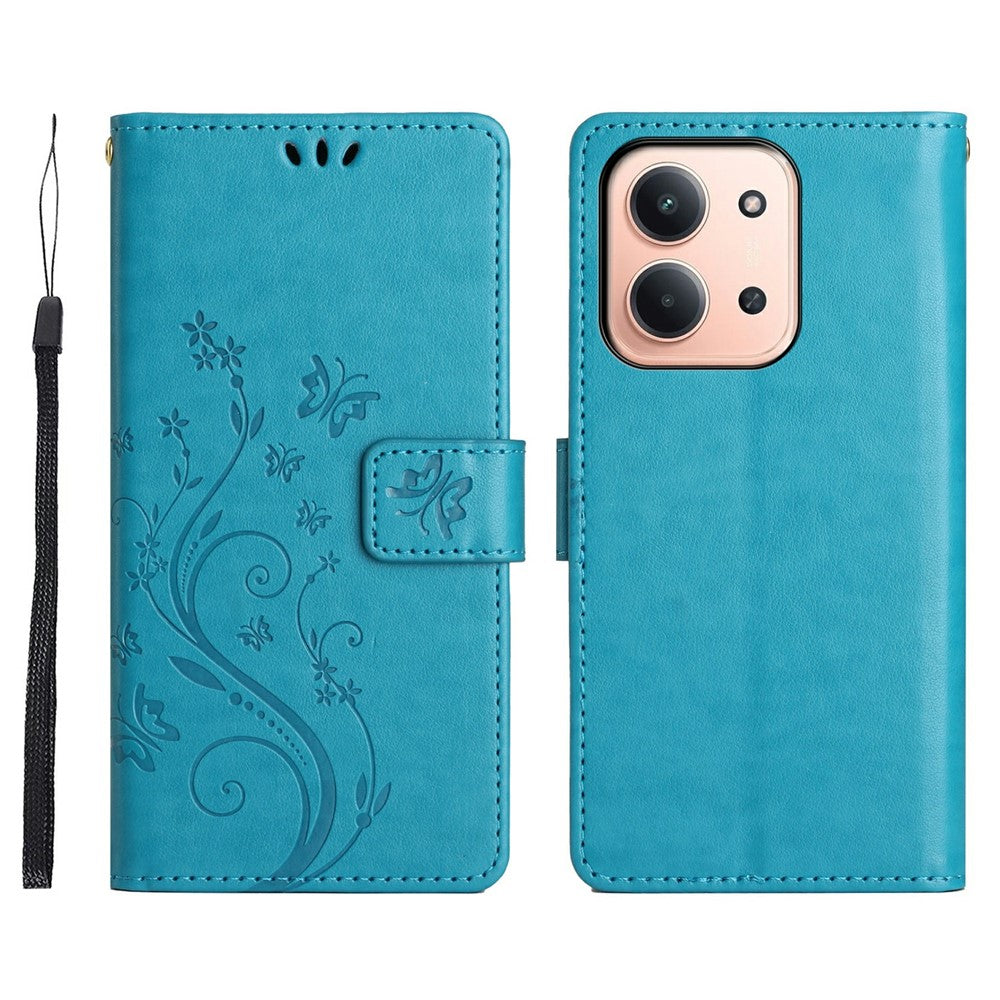 Xiaomi Redmi 15C 4G (Global) (171mm) / Poco C85 4G (171mm) Läderfodral med fjärilsblommatryck och rem
