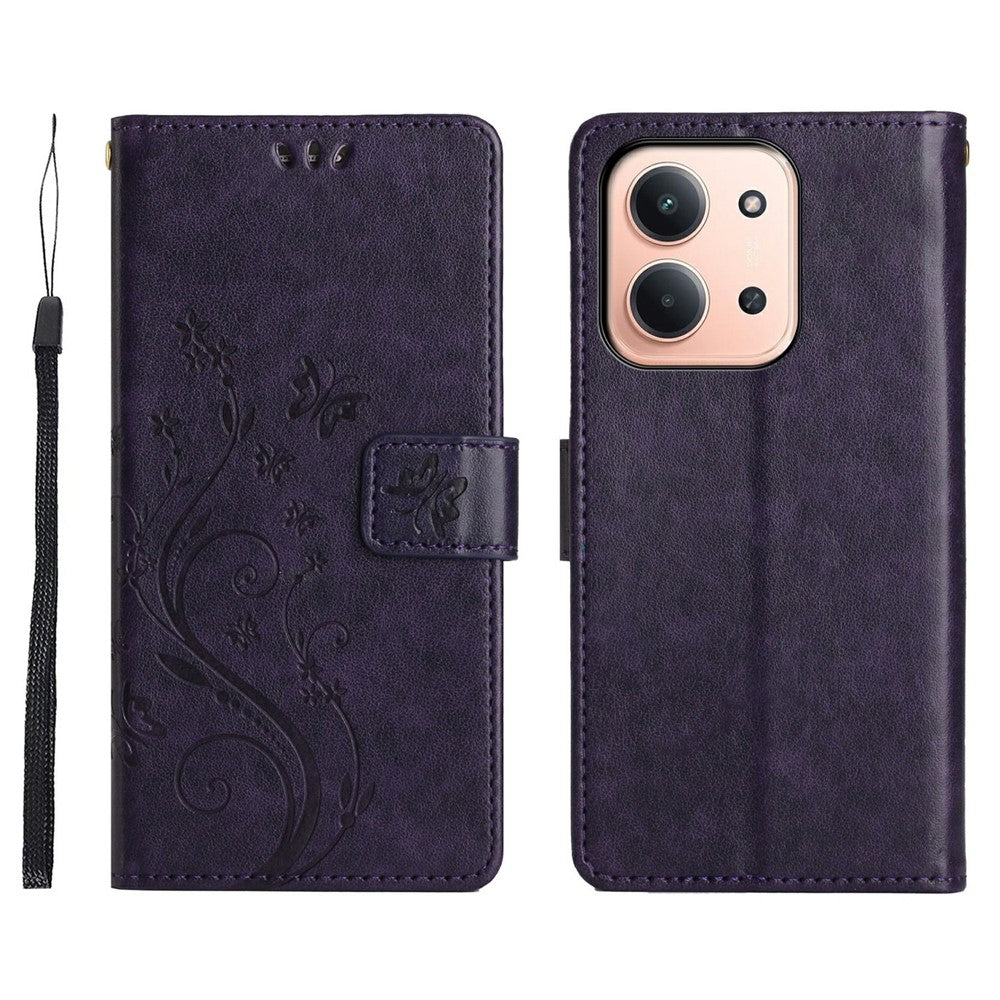 Xiaomi Redmi 15C 4G (Global) (171mm) / Poco C85 4G (171mm) Läderfodral med fjärilsblommatryck och rem