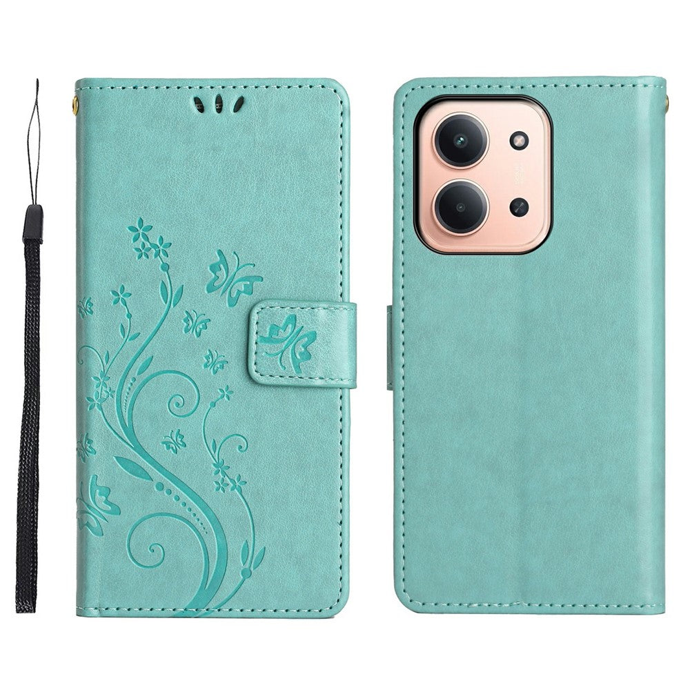 Xiaomi Redmi 15C 4G (Global) (171mm) / Poco C85 4G (171mm) Läderfodral med fjärilsblommatryck och rem