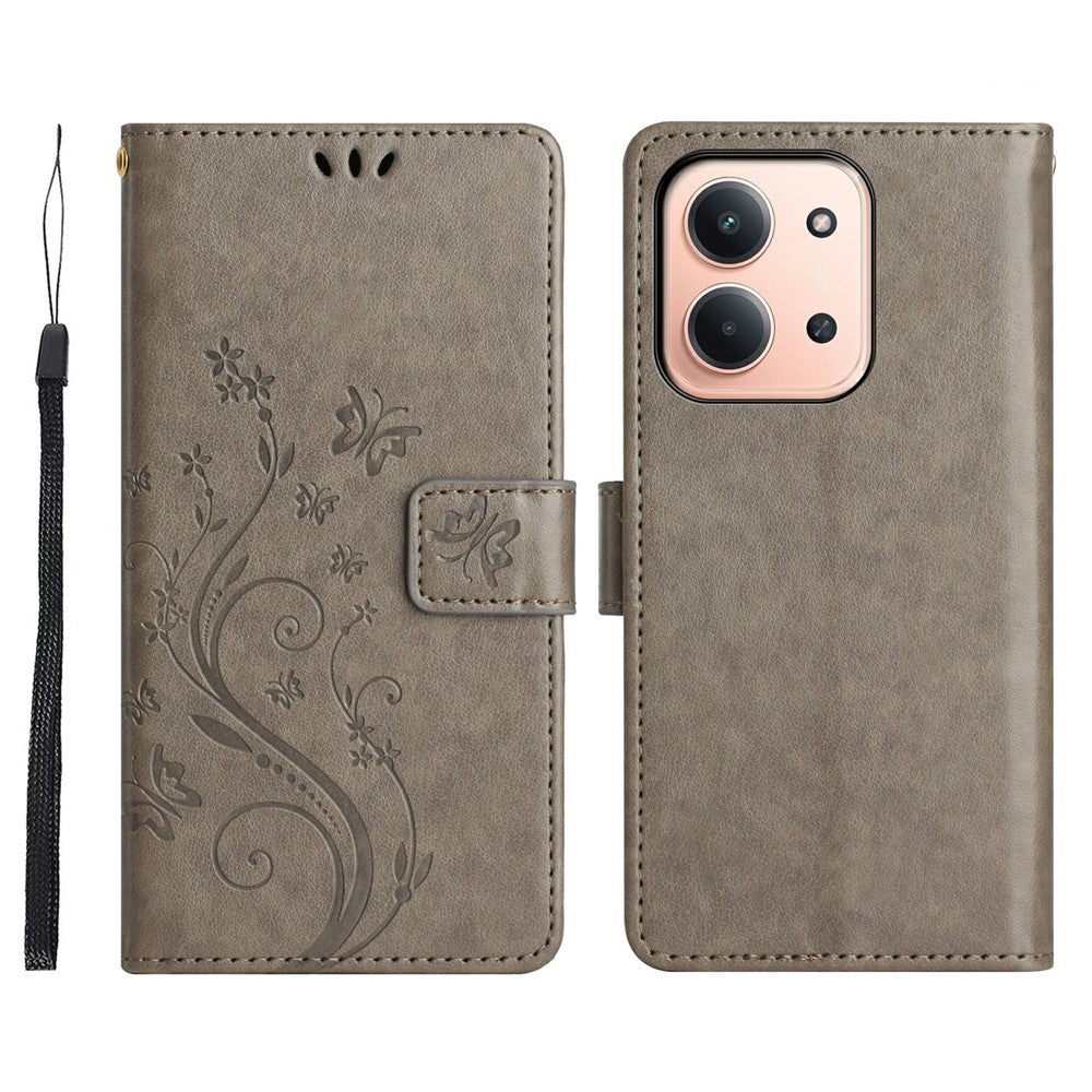 Xiaomi Redmi 15C 4G (Global) (171mm) / Poco C85 4G (171mm) Läderfodral med fjärilsblommatryck och rem