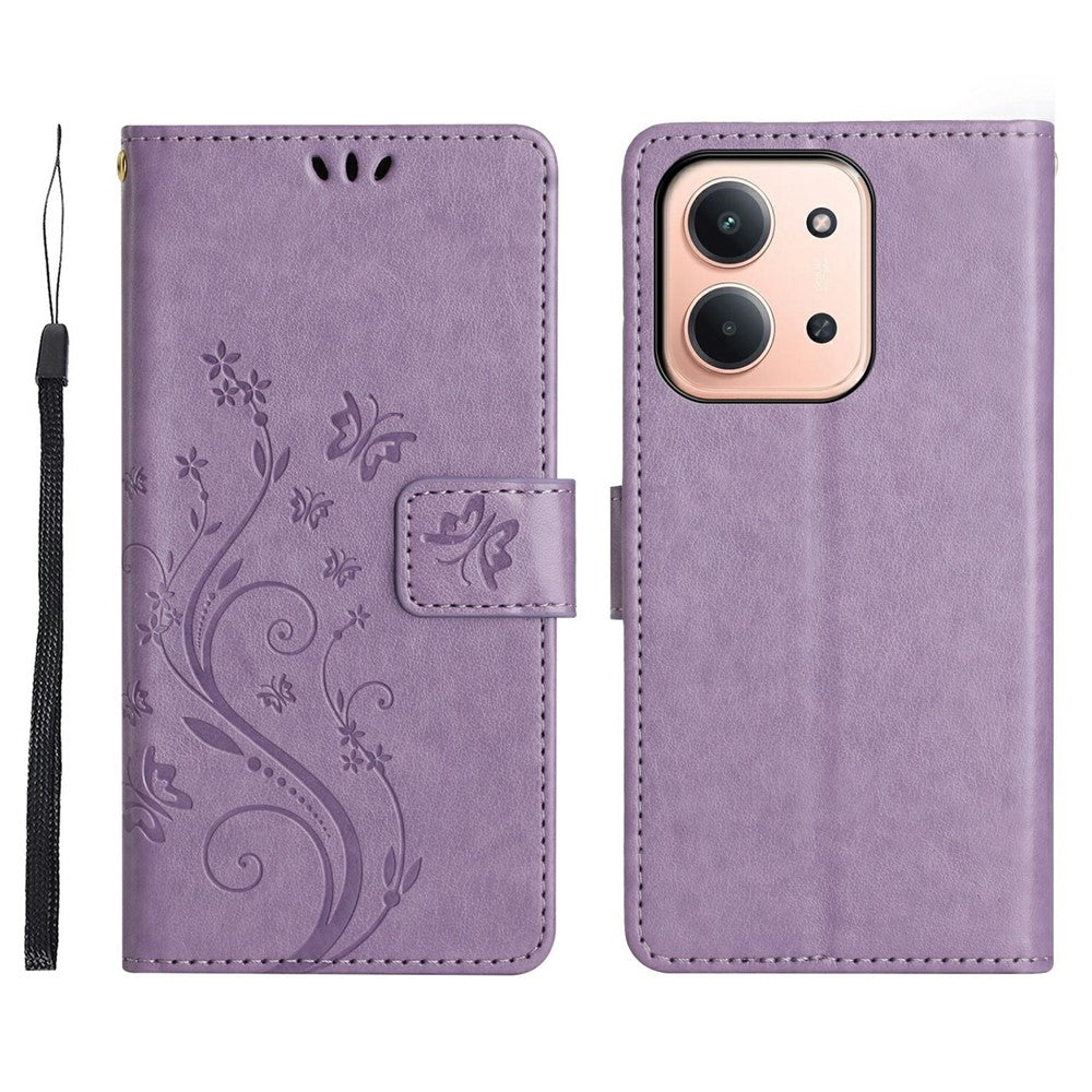 Xiaomi Redmi 15C 4G (Global) (171mm) / Poco C85 4G (171mm) Läderfodral med fjärilsblommatryck och rem
