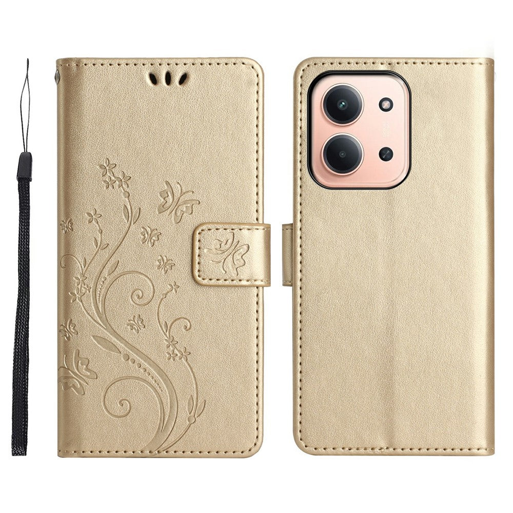 Xiaomi Redmi 15C 4G (Global) (171mm) / Poco C85 4G (171mm) Läderfodral med fjärilsblommatryck och rem