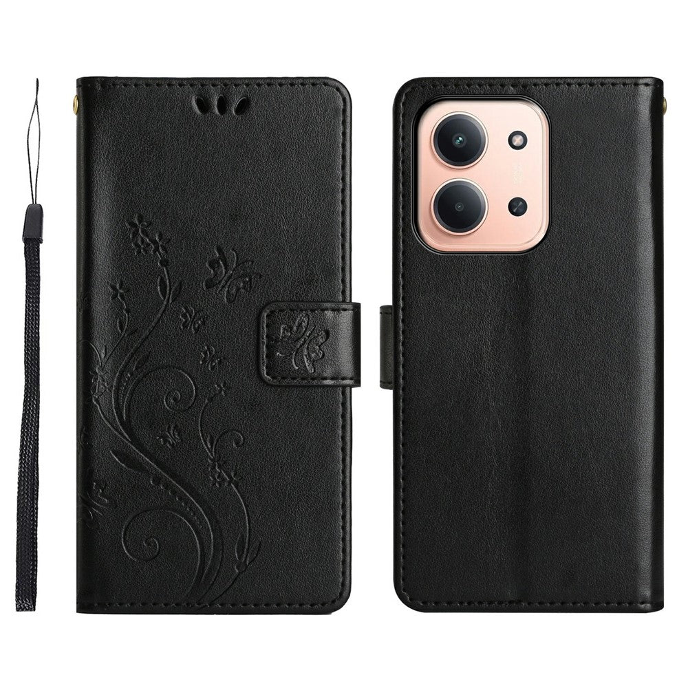 Xiaomi Redmi 15C 4G (Global) (171mm) / Poco C85 4G (171mm) Läderfodral med fjärilsblommatryck och rem