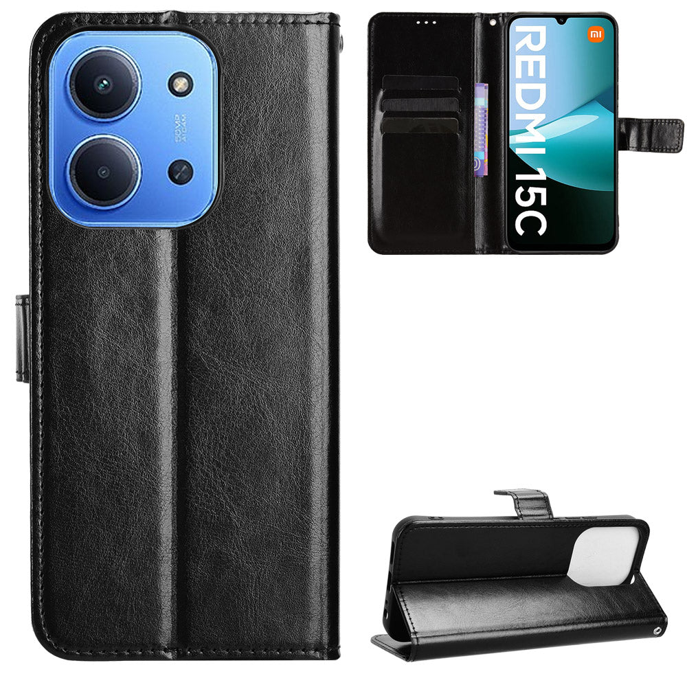 For Xiaomi Redmi 15C 4G (Global) (171mm) / Poco C85 4G (171mm) PU Leather Case with Strap Crazy Horse Texture Phone Wallet Cover