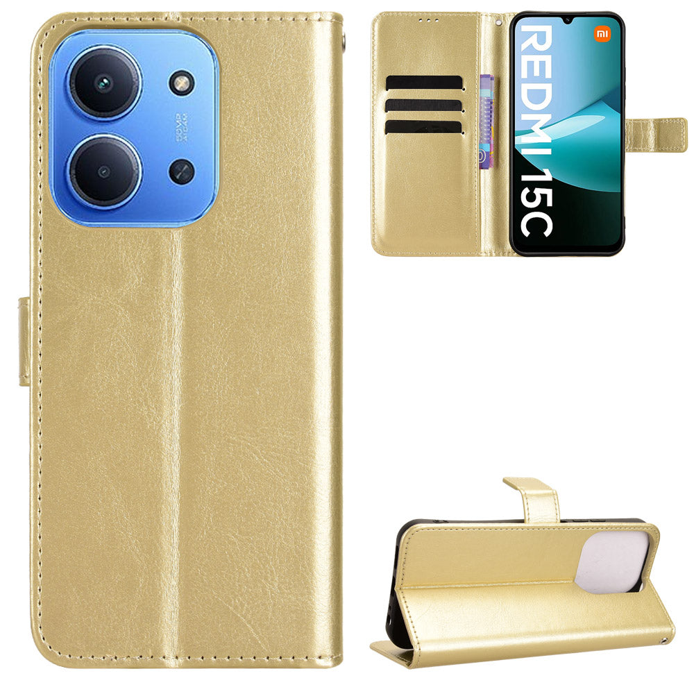 For Xiaomi Redmi 15C 4G (Global) (171mm) / Poco C85 4G (171mm) PU Leather Case with Strap Crazy Horse Texture Phone Wallet Cover