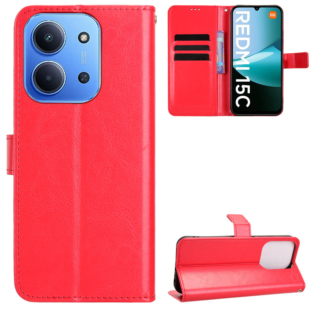 For Xiaomi Redmi 15C 4G (Global) (171mm) / Poco C85 4G (171mm) PU Leather Case with Strap Crazy Horse Texture Phone Wallet Cover