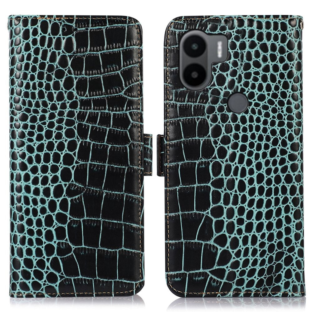 For Xiaomi Redmi A1+ 4G / A2+ 4G / Poco C50 4G Genuine Cowhide Leather Side Magnetic Clasp Anti-drop Phone Case Crocodile Texture RFID Blocking Stand Flip Wallet Cover