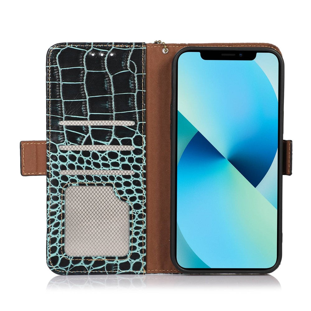 For Xiaomi Redmi A1+ 4G / A2+ 4G / Poco C50 4G Genuine Cowhide Leather Side Magnetic Clasp Anti-drop Phone Case Crocodile Texture RFID Blocking Stand Flip Wallet Cover