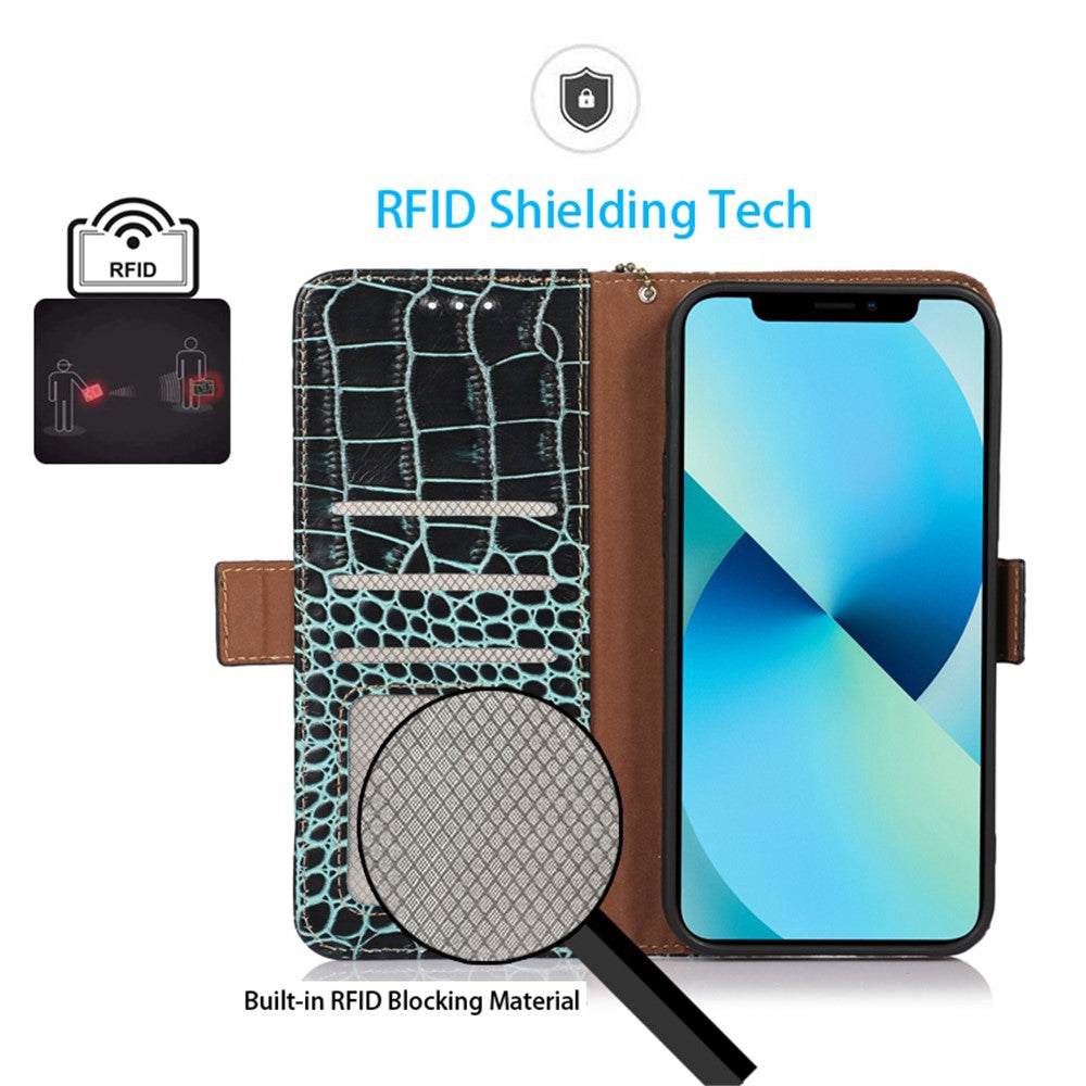 For Xiaomi Redmi A1+ 4G / A2+ 4G / Poco C50 4G Genuine Cowhide Leather Side Magnetic Clasp Anti-drop Phone Case Crocodile Texture RFID Blocking Stand Flip Wallet Cover