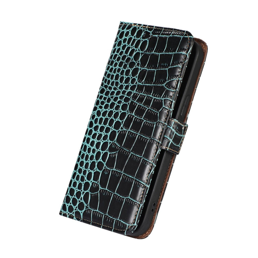 For Xiaomi Redmi A1+ 4G / A2+ 4G / Poco C50 4G Genuine Cowhide Leather Side Magnetic Clasp Anti-drop Phone Case Crocodile Texture RFID Blocking Stand Flip Wallet Cover