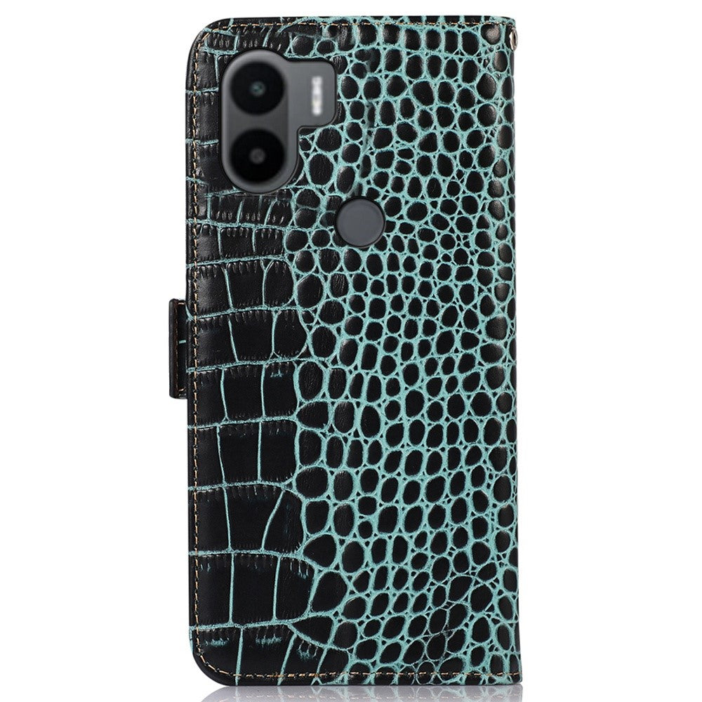For Xiaomi Redmi A1+ 4G / A2+ 4G / Poco C50 4G Genuine Cowhide Leather Side Magnetic Clasp Anti-drop Phone Case Crocodile Texture RFID Blocking Stand Flip Wallet Cover