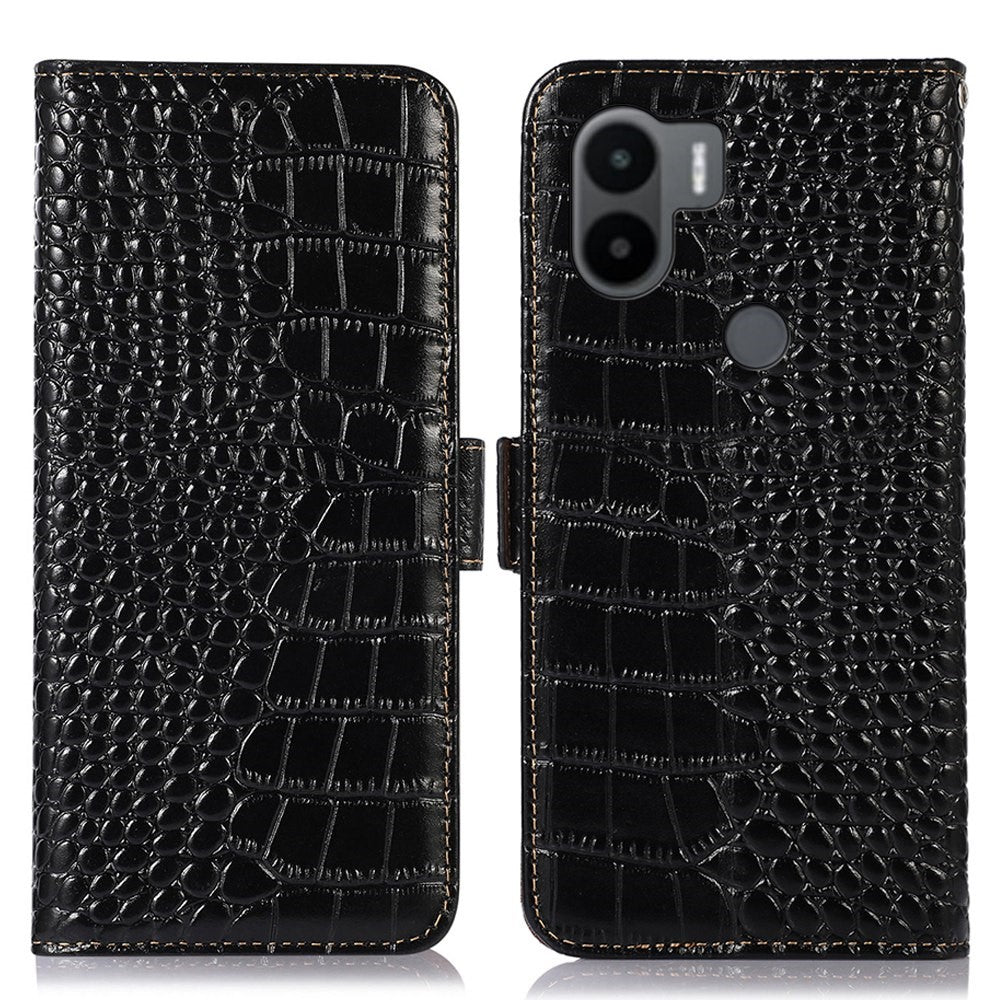 For Xiaomi Redmi A1+ 4G / A2+ 4G / Poco C50 4G Genuine Cowhide Leather Side Magnetic Clasp Anti-drop Phone Case Crocodile Texture RFID Blocking Stand Flip Wallet Cover