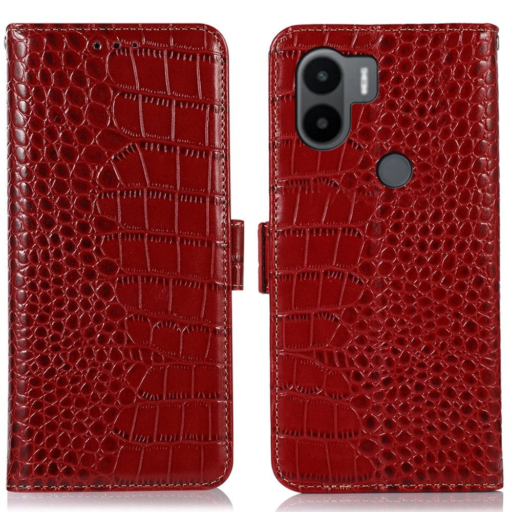 For Xiaomi Redmi A1+ 4G / A2+ 4G / Poco C50 4G Genuine Cowhide Leather Side Magnetic Clasp Anti-drop Phone Case Crocodile Texture RFID Blocking Stand Flip Wallet Cover