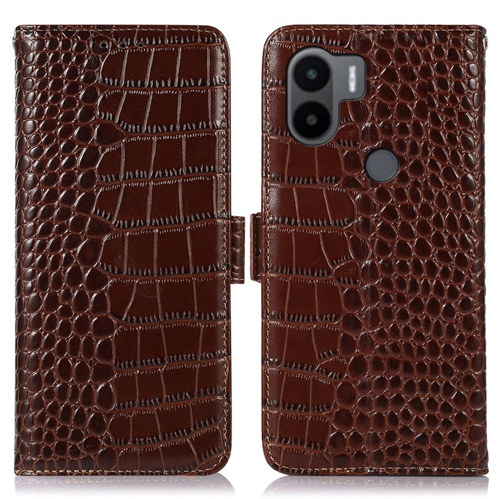 For Xiaomi Redmi A1+ 4G / A2+ 4G / Poco C50 4G Genuine Cowhide Leather Side Magnetic Clasp Anti-drop Phone Case Crocodile Texture RFID Blocking Stand Flip Wallet Cover