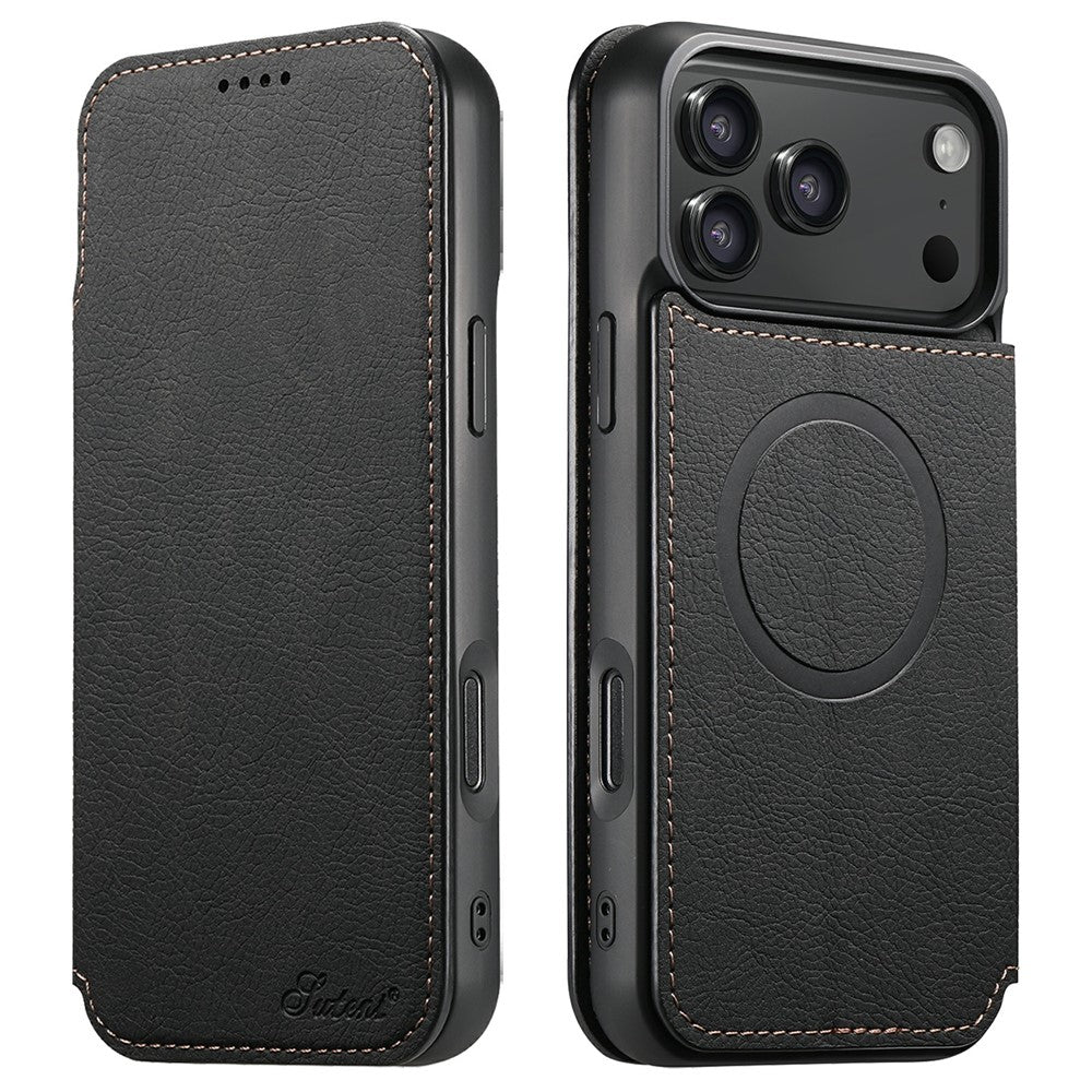 SUTENI J06 For iPhone 17 Pro Case Litchi Texture Leather Wallet Phone Shell Compatible with MagSafe