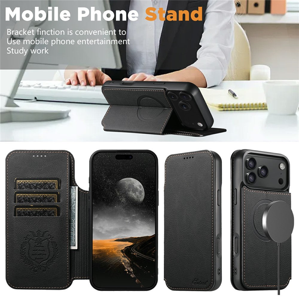 SUTENI J06 For iPhone 17 Pro Case Litchi Texture Leather Wallet Phone Shell Compatible with MagSafe