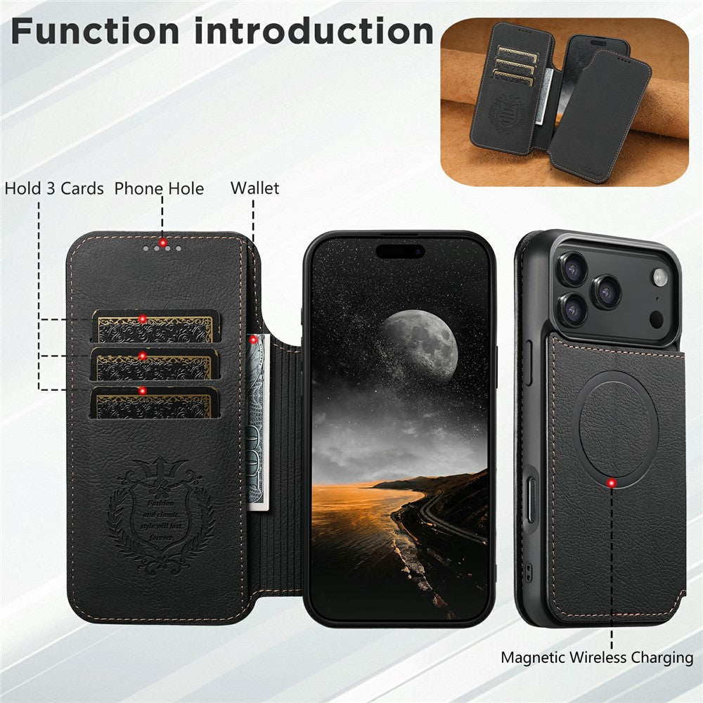 SUTENI J06 For iPhone 17 Pro Case Litchi Texture Leather Wallet Phone Shell Compatible with MagSafe