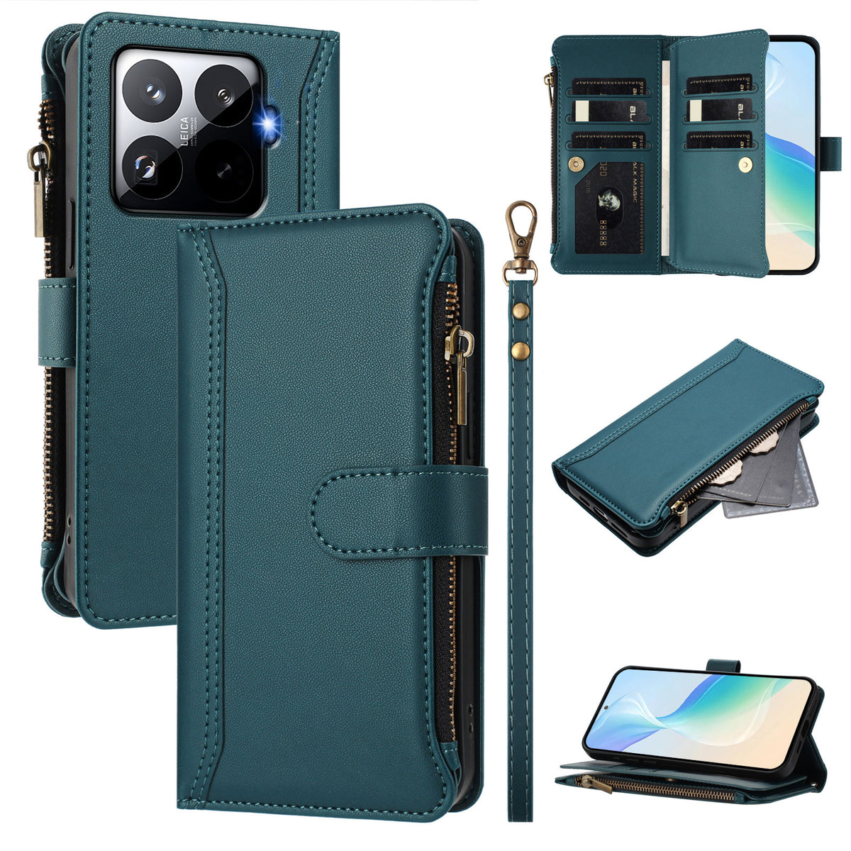 For Xiaomi 15T Pro Leather Case 9 Card Slots Zipper Wallet Stand Phone Cover with Wrist Strap