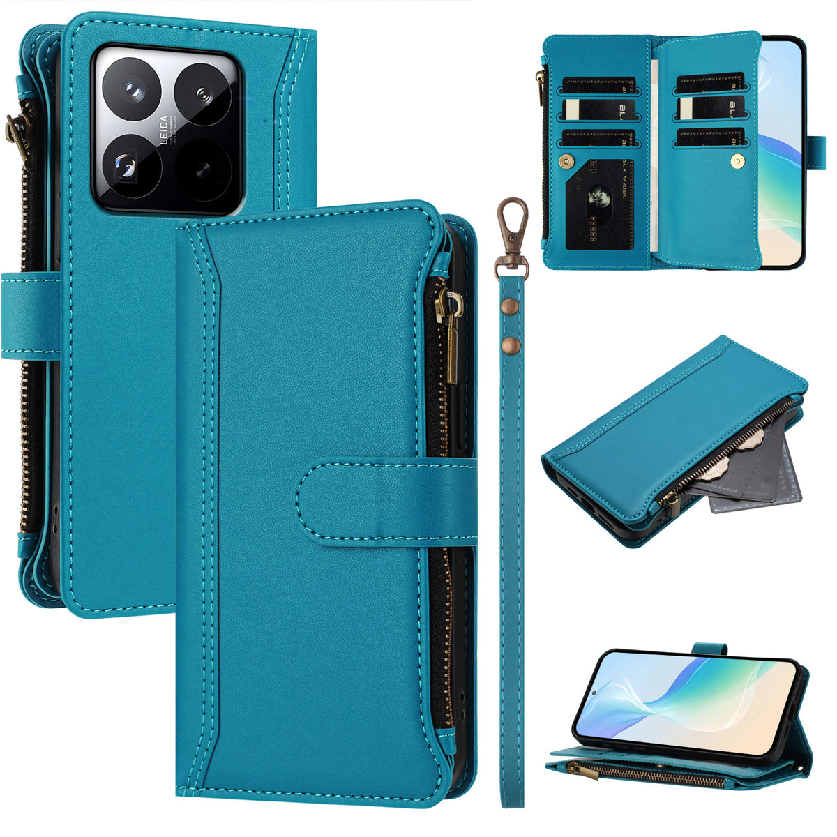 For Xiaomi 15T Leather Case 9 Card Slots Zipper Wallet Stand Phone Cover with Wrist Strap
