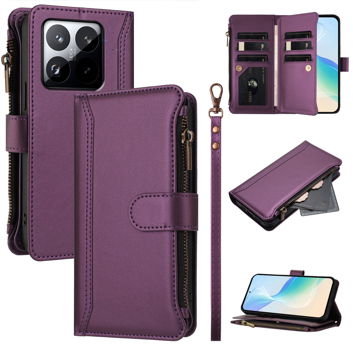 For Xiaomi 15T Leather Case 9 Card Slots Zipper Wallet Stand Phone Cover with Wrist Strap