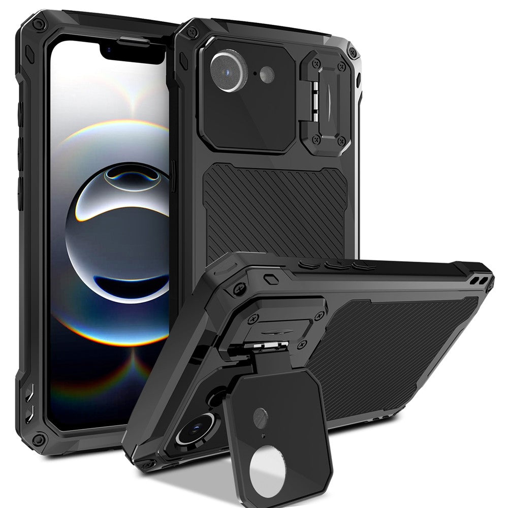 Til iPhone 17e / 16e cover i aluminiumslegering + silikone med linse-kickstand telefoncover med skærmbeskyttelse af hærdet glas