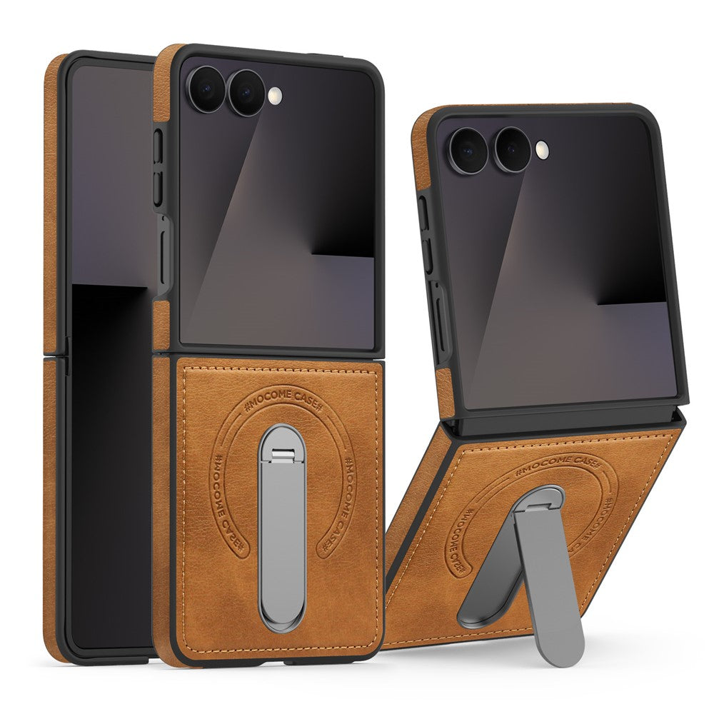 Samsung Galaxy Z Flip7 5G Magnetiskt Skal Roterande Stativ Läderbelagt PC mobilskal