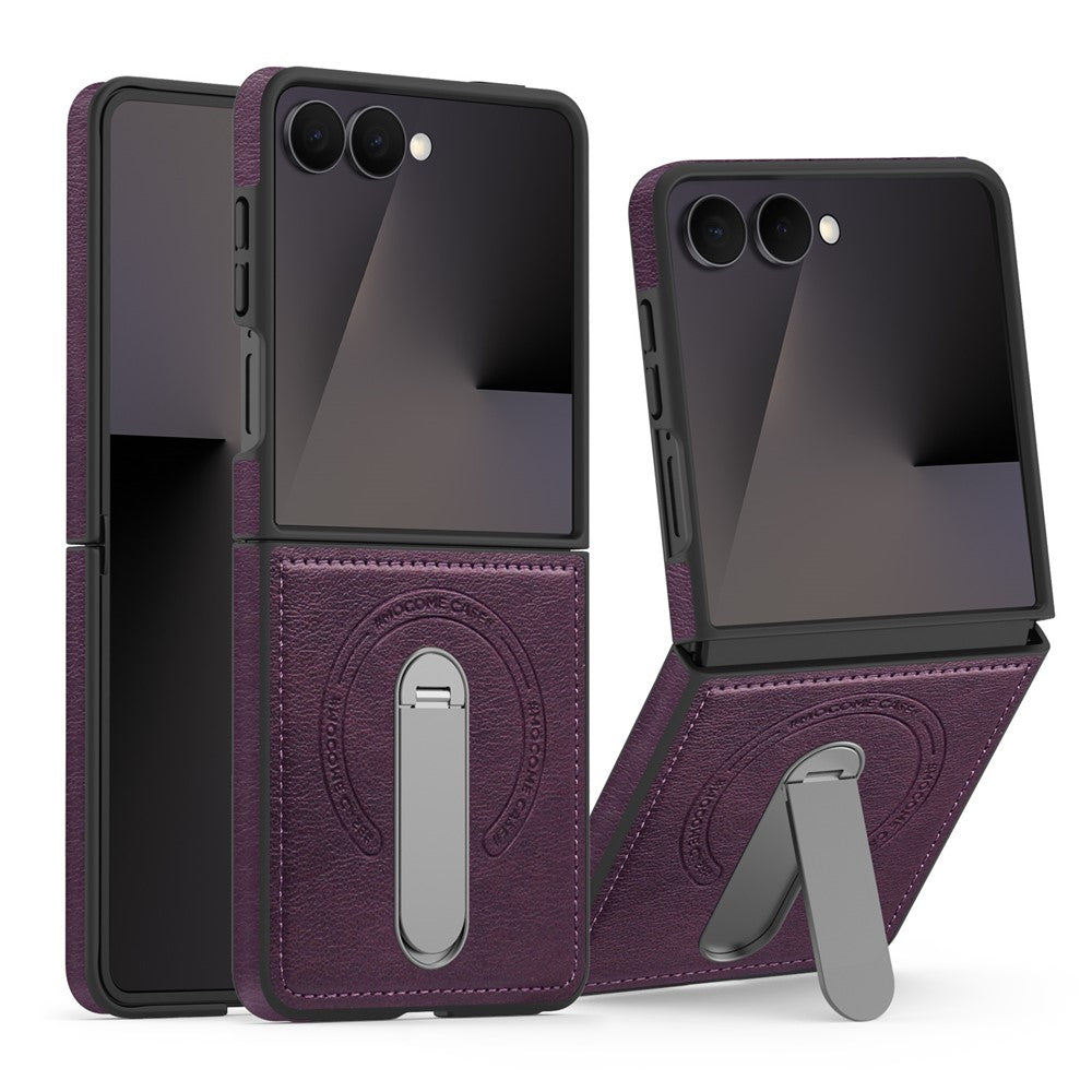 Samsung Galaxy Z Flip7 5G Magnetiskt Skal Roterande Stativ Läderbelagt PC mobilskal