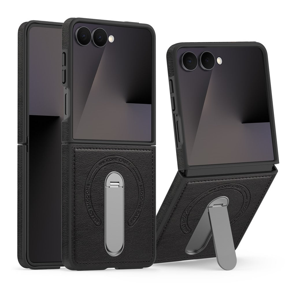 Samsung Galaxy Z Flip7 5G Magnetiskt Skal Roterande Stativ Läderbelagt PC mobilskal
