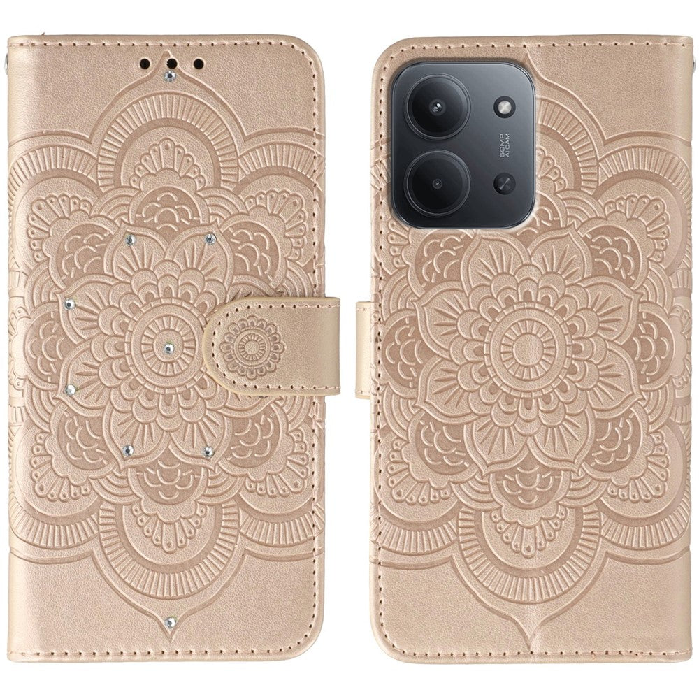 Xiaomi Redmi 15C 4G (Global) (171mm) / Poco C85 4G (171mm) skal med strassdekor, PU-läder, mandala-tryck och mobilrem