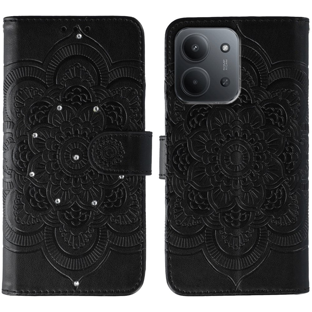Xiaomi Redmi 15C 4G (Global) (171mm) / Poco C85 4G (171mm) skal med strassdekor, PU-läder, mandala-tryck och mobilrem