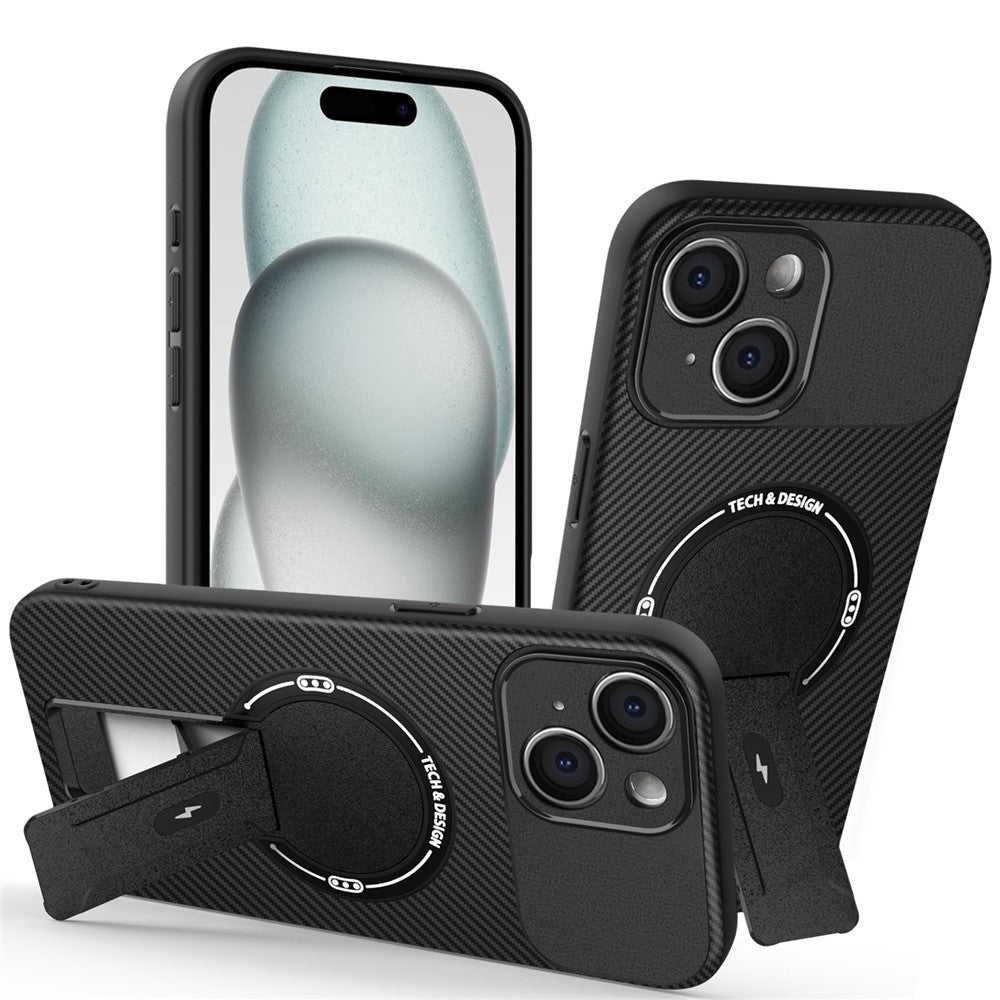 Til iPhone 15 Cover med Stander i Kulfiberstruktur PC + TPU Telefoncover