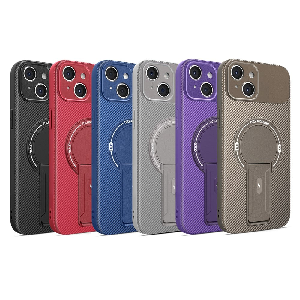 For iPhone 15 Case with Kickstand Carbon Fiber Texture PC + TPU Phone Cover