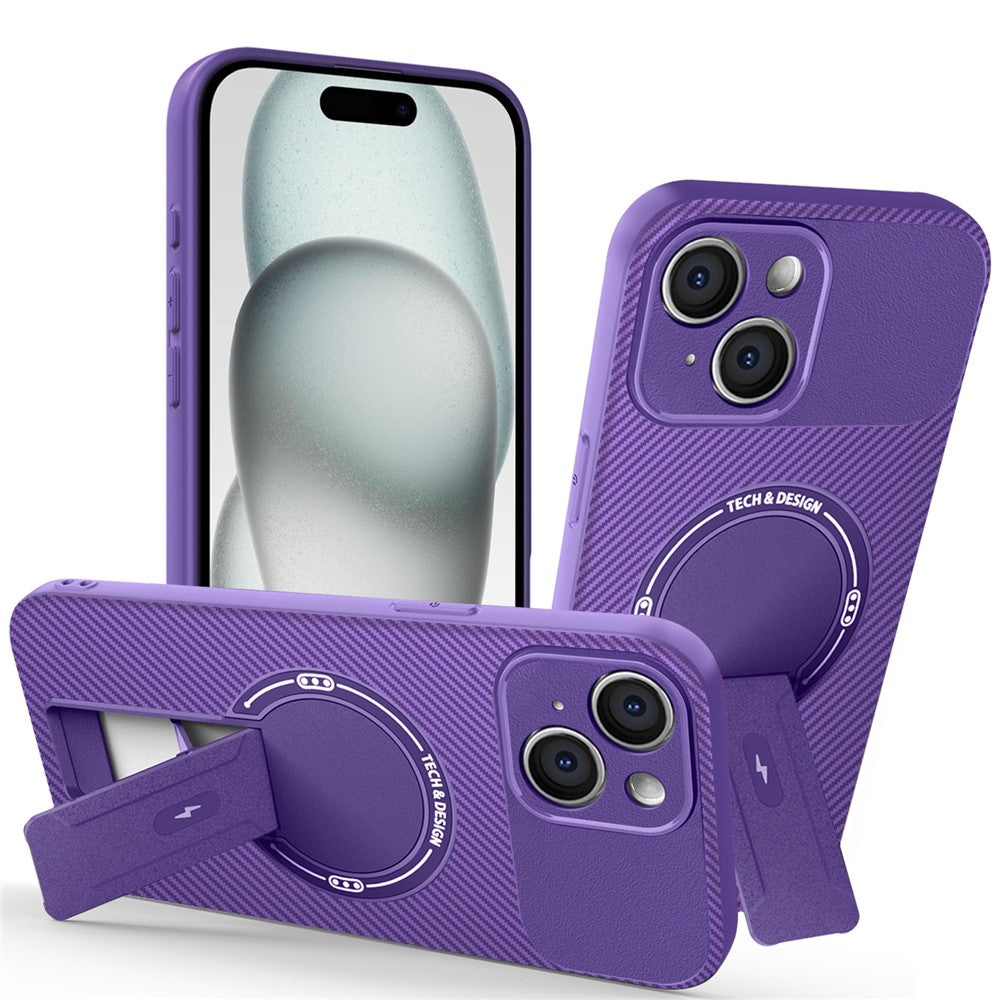 For iPhone 15 Case with Kickstand Carbon Fiber Texture PC + TPU Phone Cover