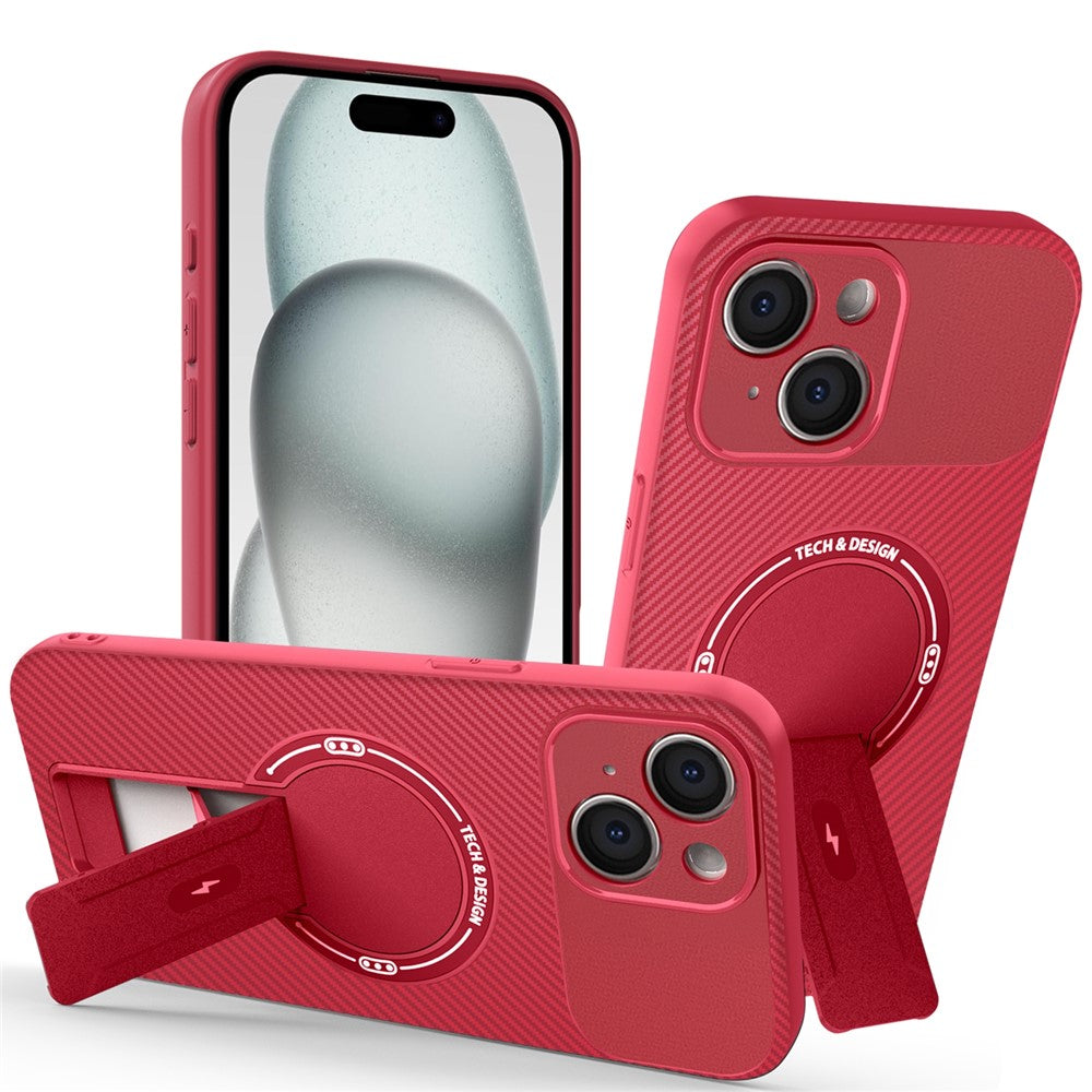 For iPhone 15 Case with Kickstand Carbon Fiber Texture PC + TPU Phone Cover
