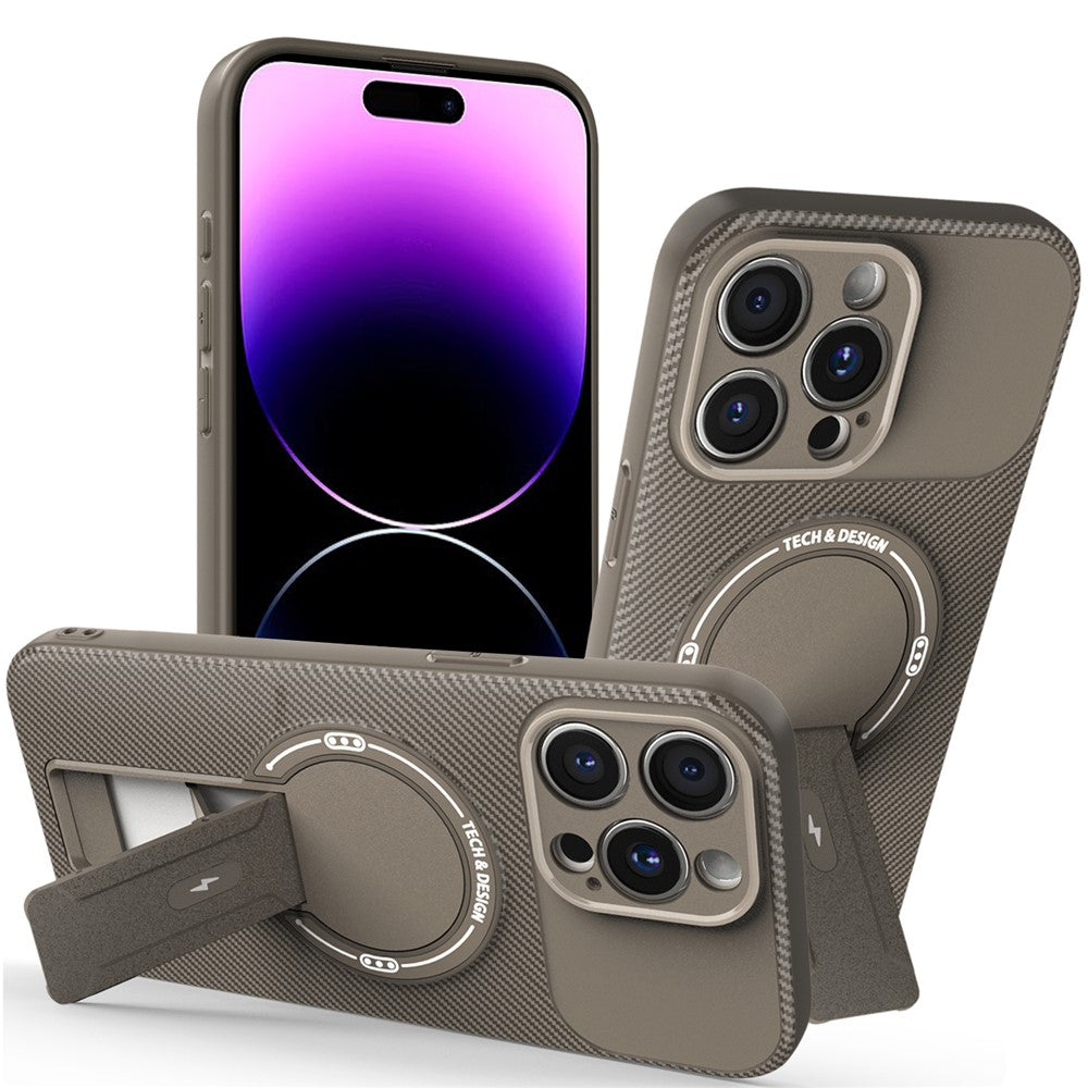 Mobilskal för iPhone 14 Pro Max med stativ, PC- och TPU-skydd med kolfiberstruktur