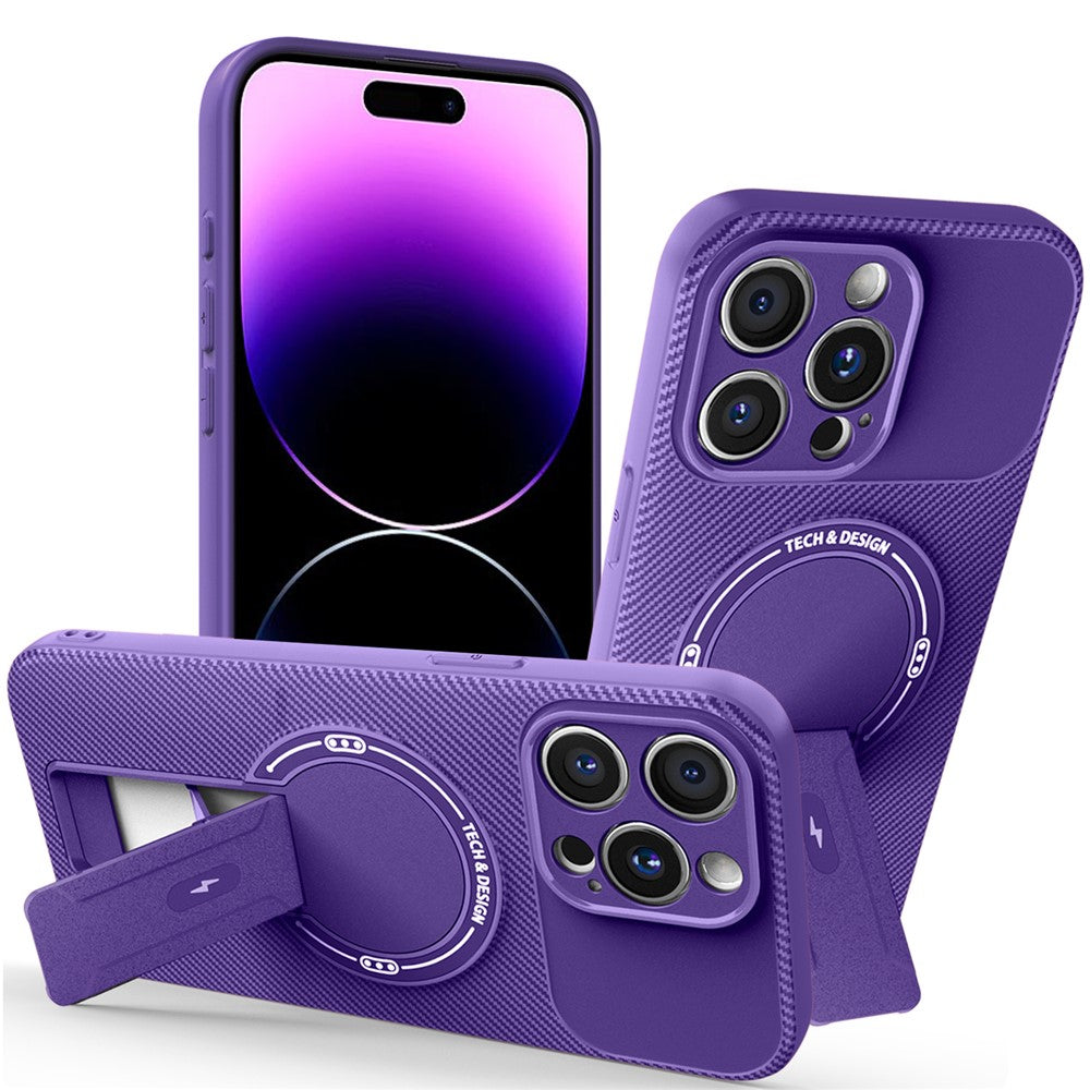 Mobilskal för iPhone 14 Pro Max med stativ, PC- och TPU-skydd med kolfiberstruktur