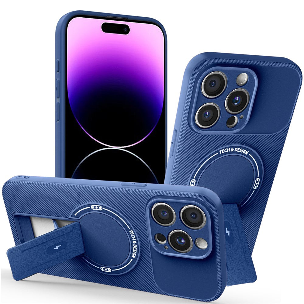 Mobilskal för iPhone 14 Pro Max med stativ, PC- och TPU-skydd med kolfiberstruktur