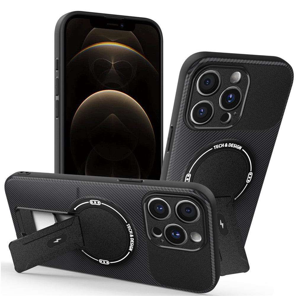 For iPhone 12 Pro Case with Kickstand Carbon Fiber Texture PC + TPU Phone Cover