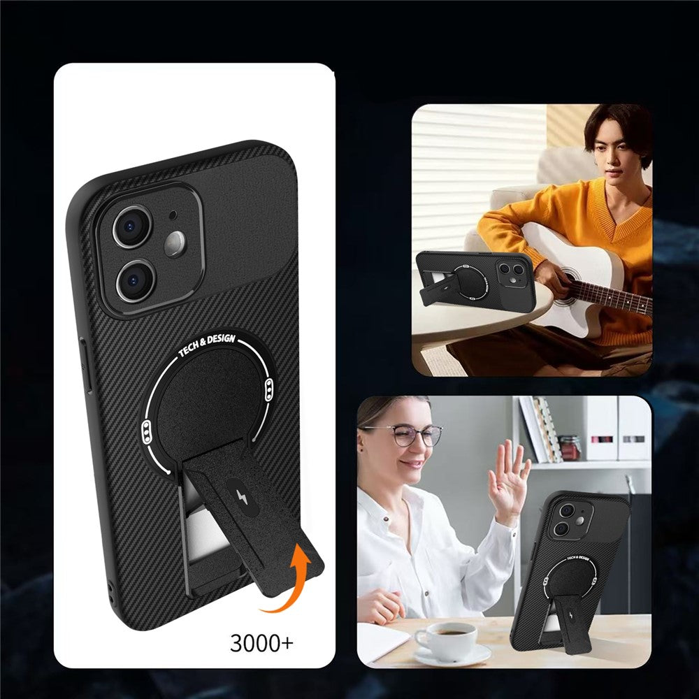 Til iPhone 12 cover med støttefod kulfibertekstur PC + TPU telefoncover