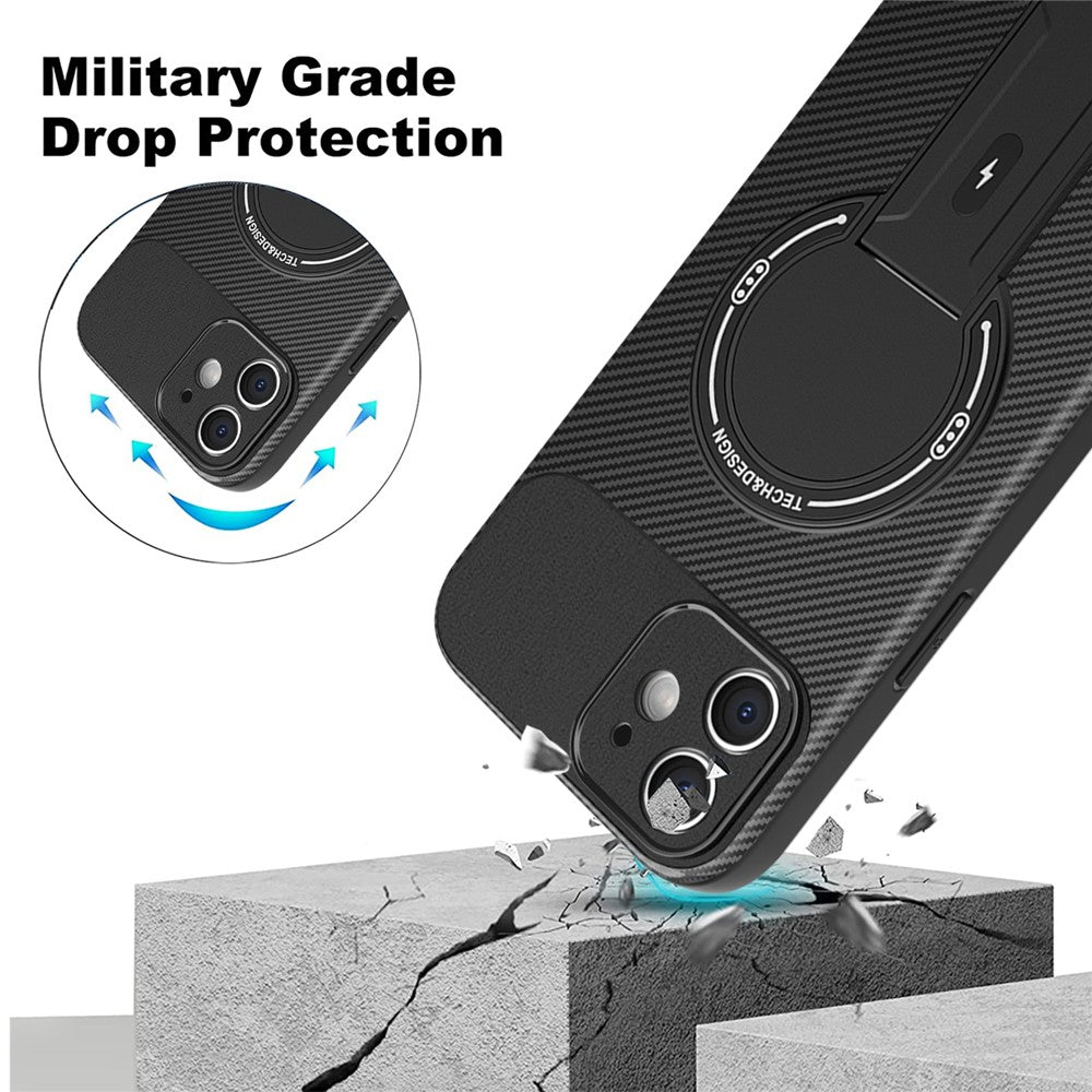 Til iPhone 12 cover med støttefod kulfibertekstur PC + TPU telefoncover