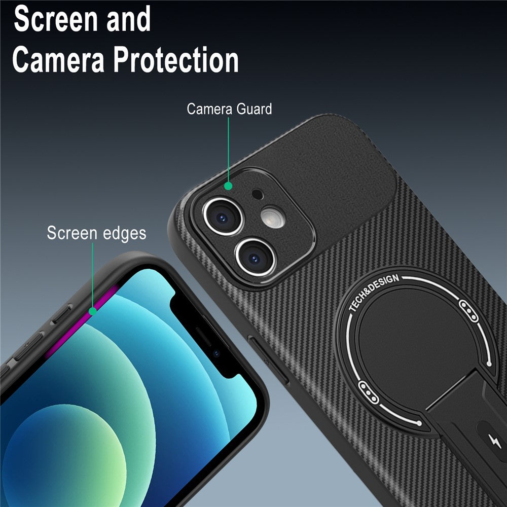 Til iPhone 12 cover med støttefod kulfibertekstur PC + TPU telefoncover