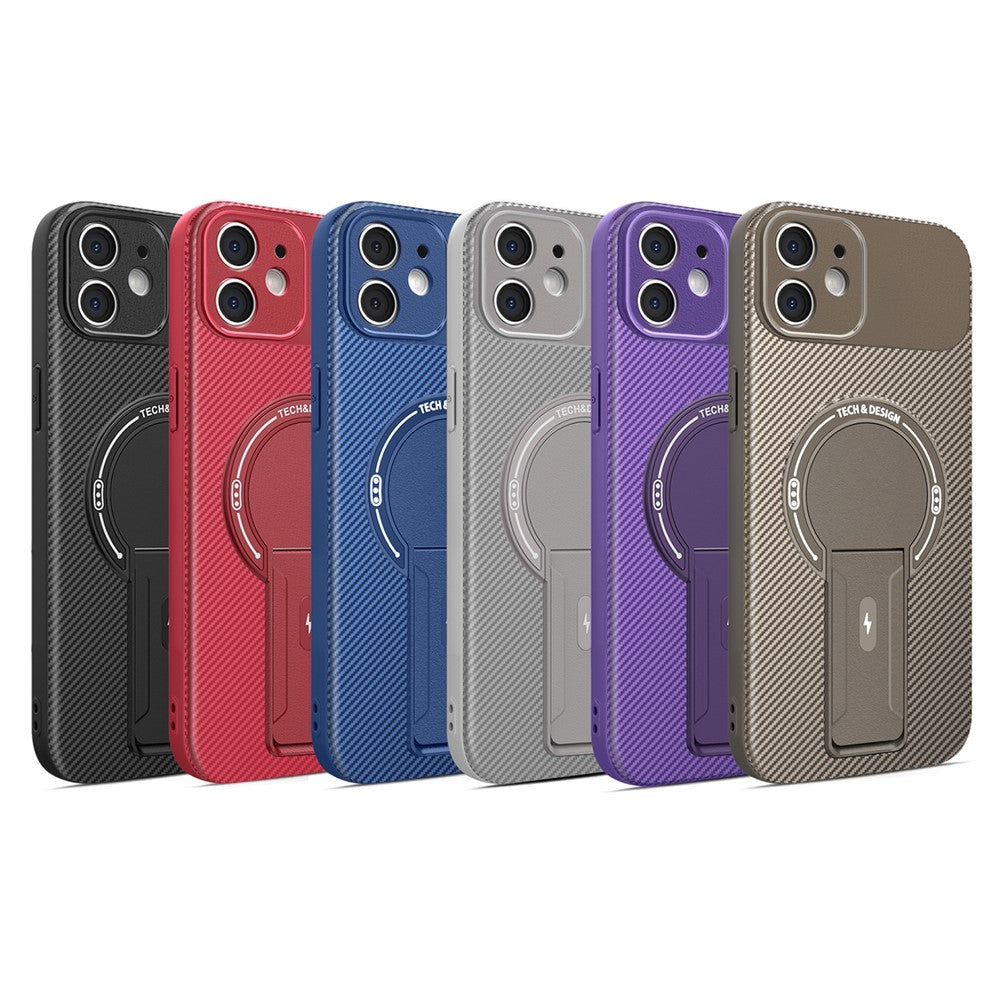 Til iPhone 12 cover med støttefod kulfibertekstur PC + TPU telefoncover