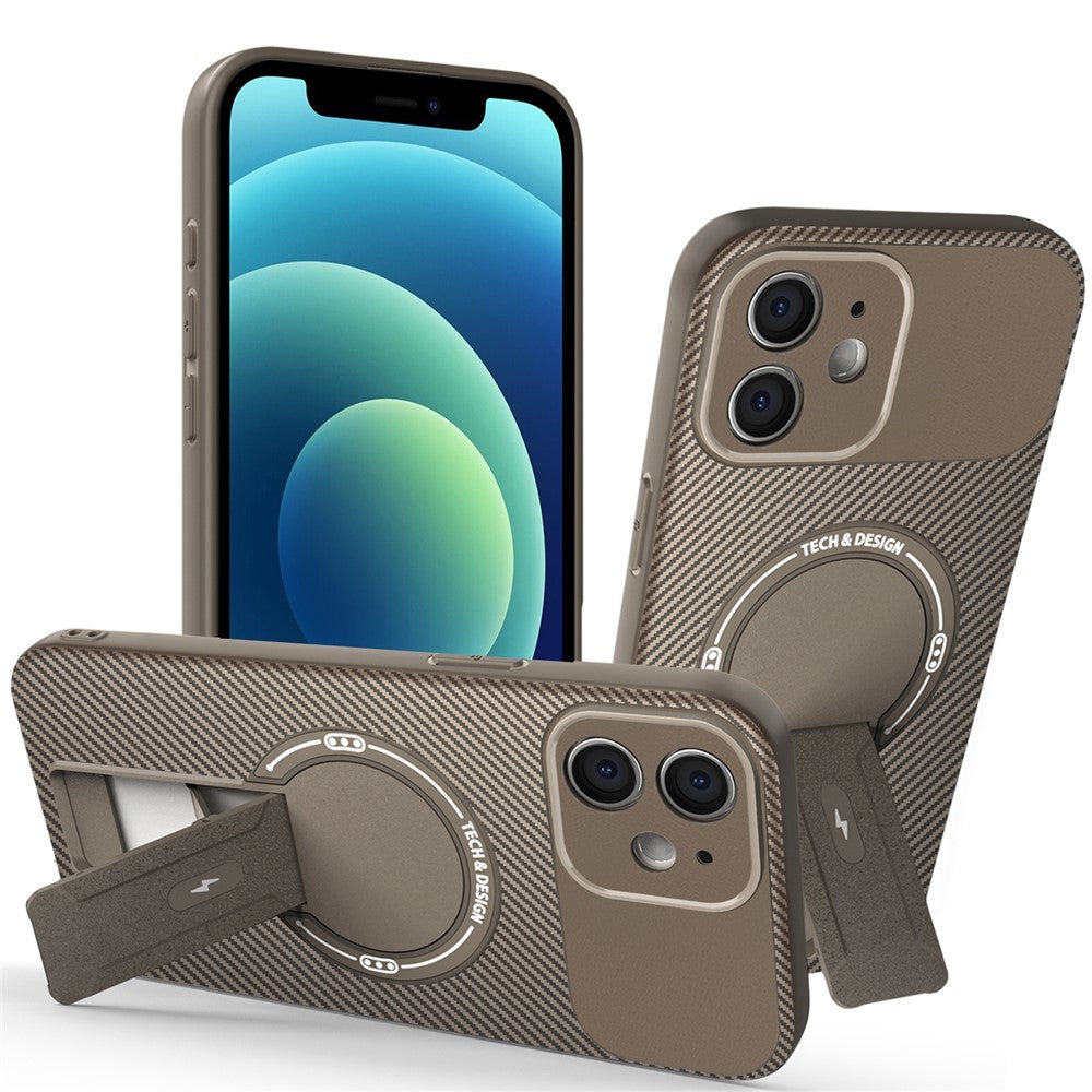 Til iPhone 12 cover med støttefod kulfibertekstur PC + TPU telefoncover
