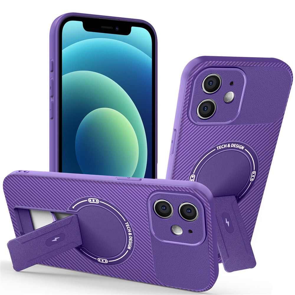 Til iPhone 12 cover med støttefod kulfibertekstur PC + TPU telefoncover