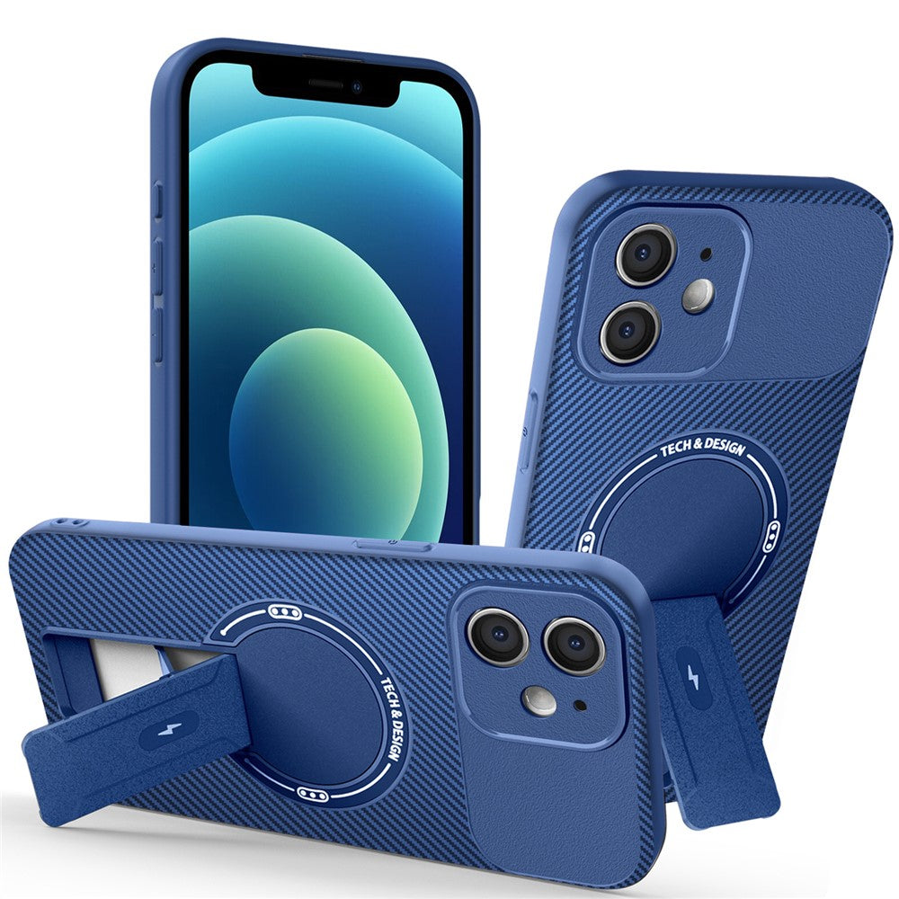 Til iPhone 12 cover med støttefod kulfibertekstur PC + TPU telefoncover