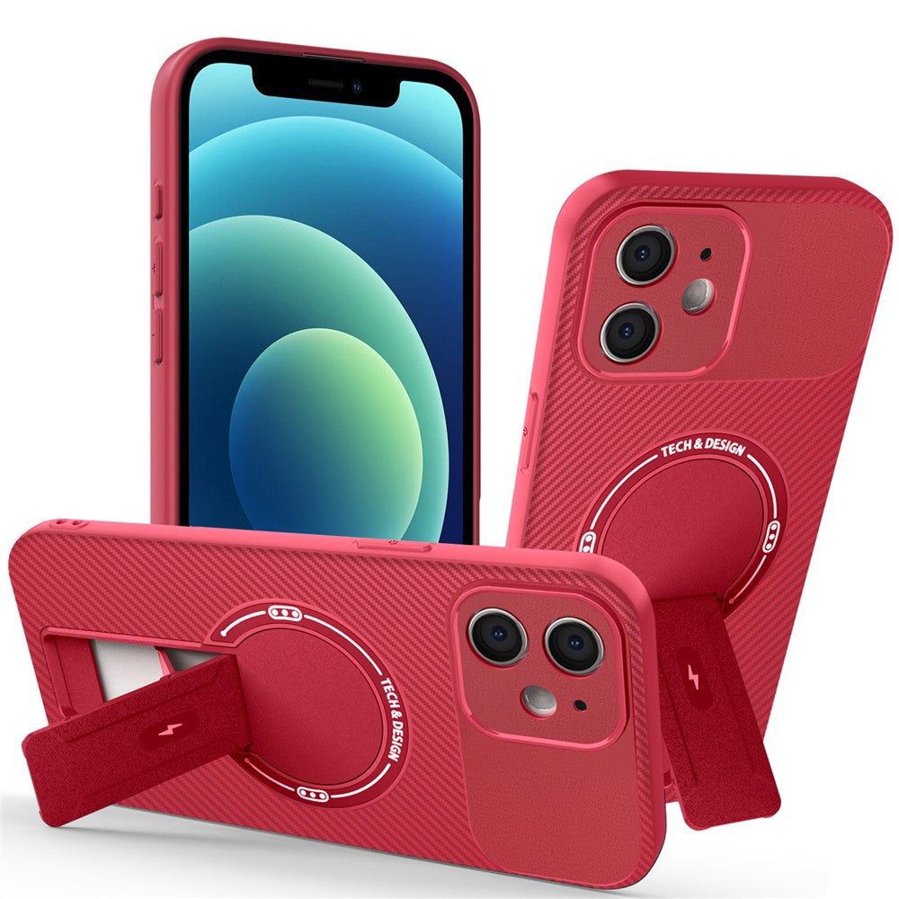 Til iPhone 12 cover med støttefod kulfibertekstur PC + TPU telefoncover